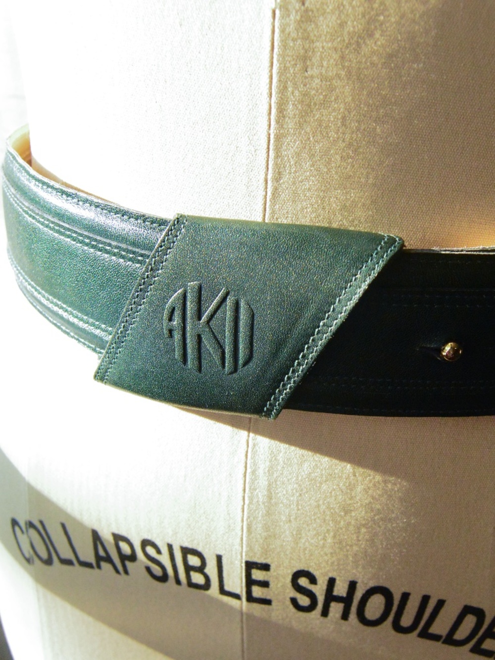 Vintage Anne Klein Dark Green Leather Wide 80's High Waist Belt, Embossed Logo